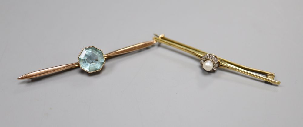 An early 20th century yellow metal, cultured pearl and diamond cluster set bar brooch, 56mm and a 9ct bar brooch,